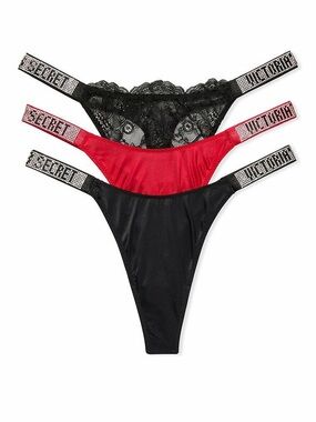 Victoria's Secret Three-Pack Rhinestone Logo Thongs - Black & Red